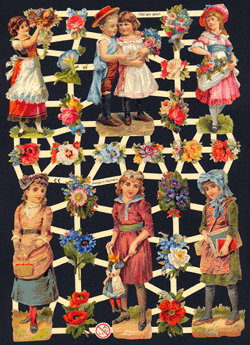 Glansbilledeark - Dreng, piger, blomster
