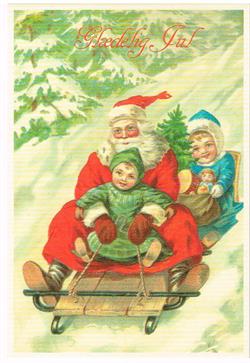 Kort - Julemand og børn på kælk