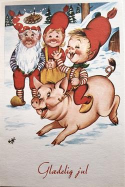 Samlerobjekt - Julekort Nisse og gris på tur