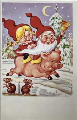 Samlerobjekt - Julekort Nisser på grisetur